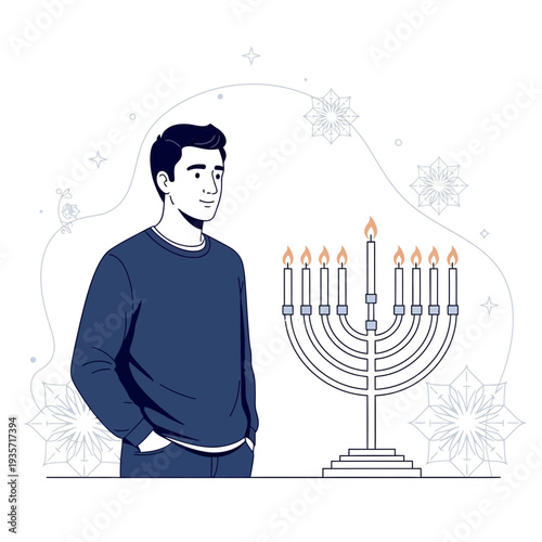 Young Man Observing Hanukkah Menorah With Lit Candles in Minimalist Style Illustration