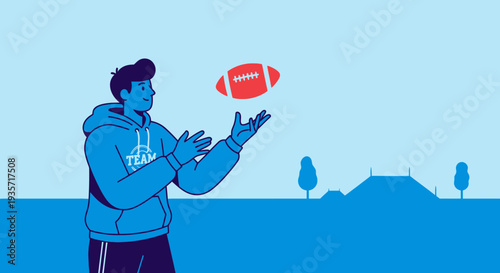 Young Man Practicing American Football Toss Outdoors