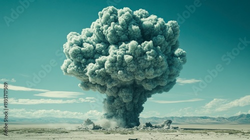 Huge gray-blue mushroom cloud explosion over a desert landscape