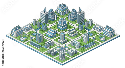 Isometric illustration of a green tech cityscape with modern buildings and architecture, showcasing eco-friendly innovation and renewable technology in a 3D design