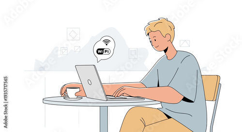 Young Man Uses Laptop at Cafe with Coffee, Accessing Wireless Network for Work