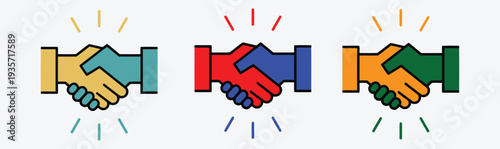 Colorful illustration of three pairs of hands shaking in agreement or partnership.