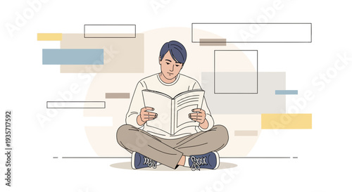 Young Man Absorbed In Reading Book Sitting Cross-Legged On The Floor With Abstract Background