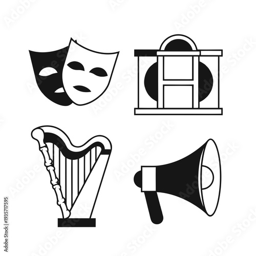 Stylized graphic icons featuring comedy and tragedy masks, a classical building, musical harp, and a megaphone, depicting diverse arts and communication themes for creative projects
