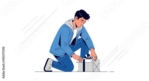 Young Man Unpacking A Gift Box Exciting Moment Of Surprise Unboxing Joyful Celebration