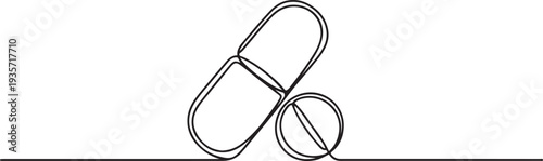 Continuous one line drawing of medical tablet and pill. Medical drugs, drug store, pharmacy , health and care simple outline.one line vector illustration with white background