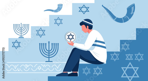 Young Man Contemplating Jewish Symbols on Stairs