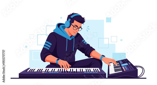 Young Man Creating Music With Synthesizers And Headphones While Wearing A Hoodie