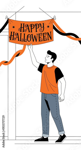 Young Man Decorating For Happy Halloween Celebration Season