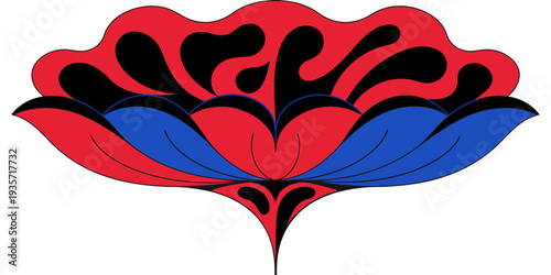 Vibrant abstract floral design featuring stylized red and blue petals with dynamic black accents, creating an organic and decorative artistic illustration