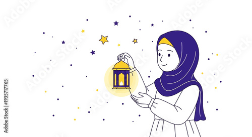 Young Muslim Woman Holding Glowing Lantern Amidst Starry Night Sky
