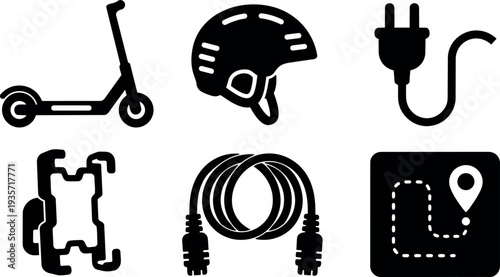 Flat design electric scooter side view with helmet phone mount charging cable and route map in bold black icons set