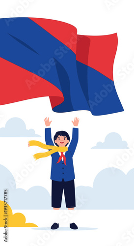 Young Patriot Waves National Flag High In Blue Sky Celebration