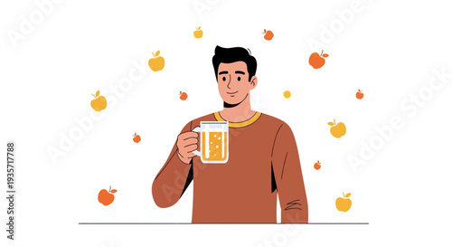 Young Man Enjoying A Refreshing Apple Drink Surrounded By Floating Apples
