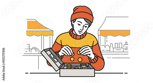 Young Person Counting Coins At Outdoor Market Stall Detailed Illustration