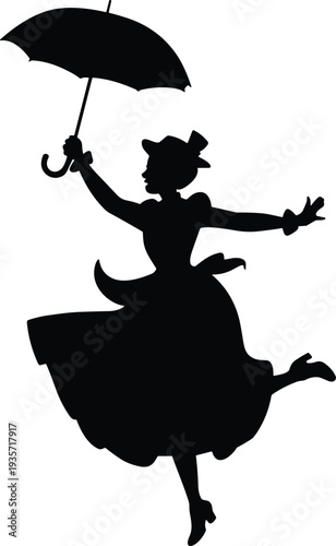 Woman dancing with umbrella silhouette vintage style elegant lady joyful movement classic musical character isolated illustration design