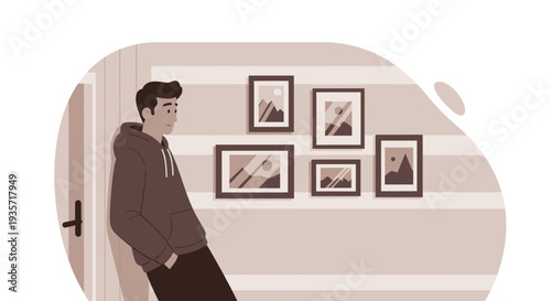Young Man Gazing At Framed Pictures On A Striped Wall