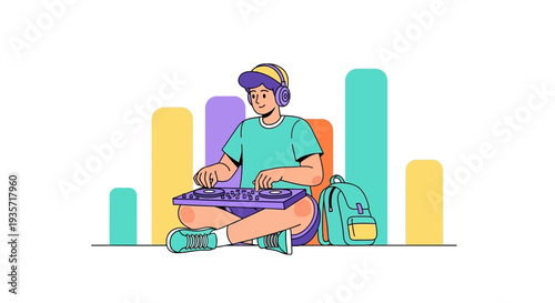 Young Person Djing with Headphones and Backpack Background Bars