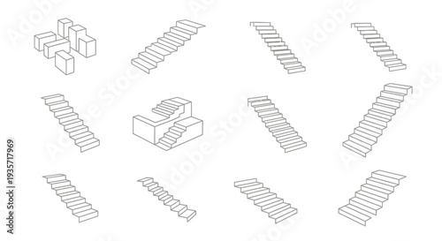 Isometric Staircase and Step Structure Line Icon Set Architectural Perspective Vector Collection in Minimal Outline Style