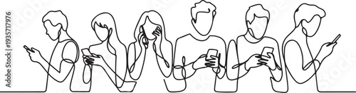 Continuous one line drawing People holding, using mobile phones concept.one line vector illustration with white background