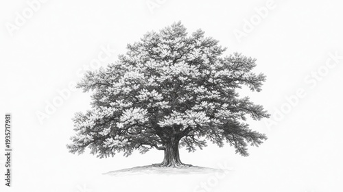 Detailed grayscale drawing of a large tree