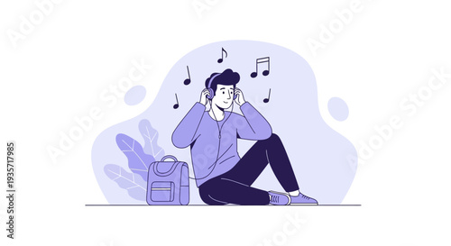 Young Person Enjoying Music While Sitting Down Next To His Backpack Listening To Music