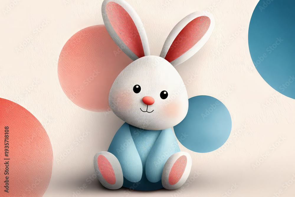 Fototapeta premium Cute Easter bunny sitting on a soft pastel geometric background in a playful modern spring holiday illustration