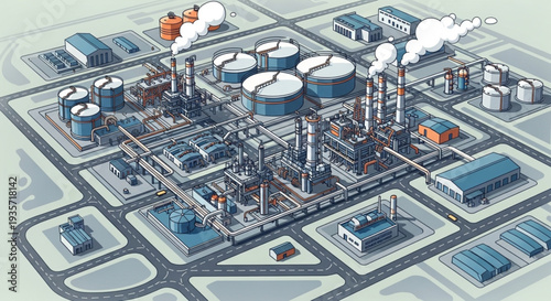 Aerial view of a large industrial complex with multiple buildings and smoking chimneys.