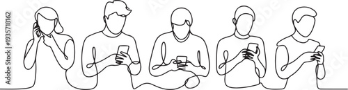 Continuous one line drawing People holding, using mobile phones concept.one line vector illustration with white background