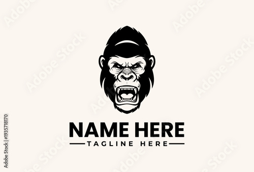 A black and white illustration of a gorilla's head with an open mouth, accompanied by placeholder text for a name and tagline on a plain background, featuring a logo and vector graphic