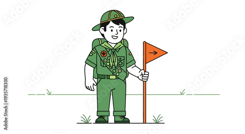 Young Scout Holding Directional Flag On White Background Represents Adventure And Achievement