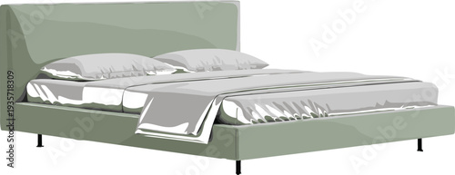Contemporary upholstered bed vector illustration with high headboard, minimalist frame, pillows, blanket, modern furniture design for interior decor and home lifestyle