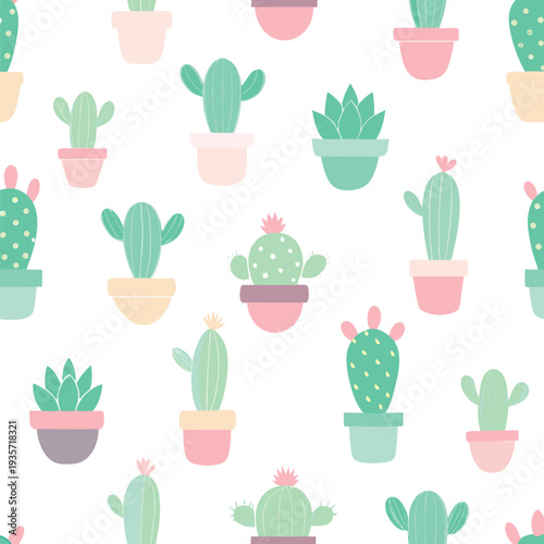 Seamless Pattern of Cute Pastel Colored Cactus and Succulent Plants in Decorative Pots