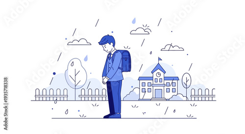Young Student Standing Alone In The Rain Outside School Building