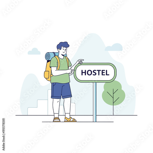 Young Traveler Locates Hostel Sign, Ready For Adventure, Exploring New Locations And Destinations