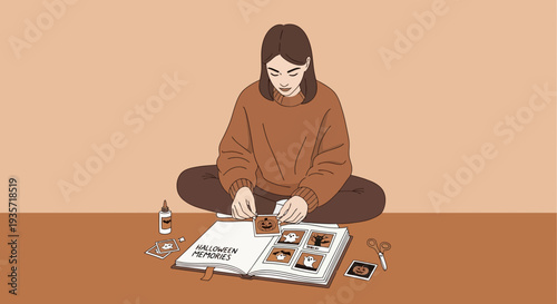 Young Woman Crafts Halloween Memory Album With Photos And Autumnal Decor