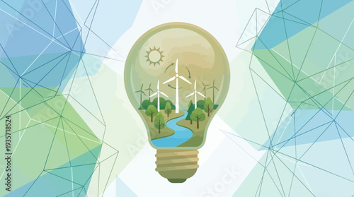 Illustration symbolizing renewable energy concepts within a clear lightbulb showcasing wind turbines and nature preservation efforts.