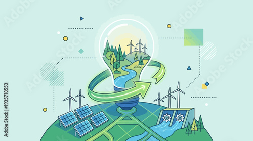 Concept illustration showing renewable energy sources like solar panels and wind turbines powering a sustainable future idea