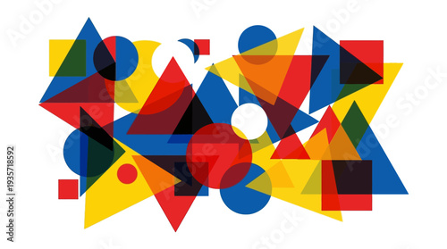 Dynamic abstract composition featuring overlapping geometric shapes rendered in primary colors like red, yellow, and blue.