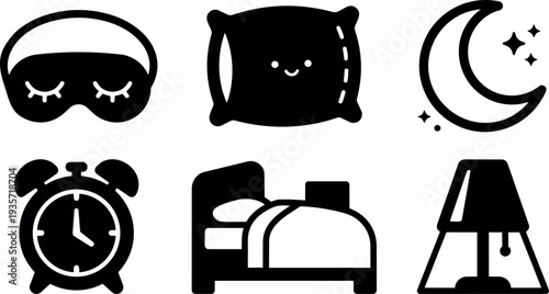 Flat design sleepy bedroom icon set with eye mask pillow crescent moon alarm clock bed and bedside lamp black silhouettes