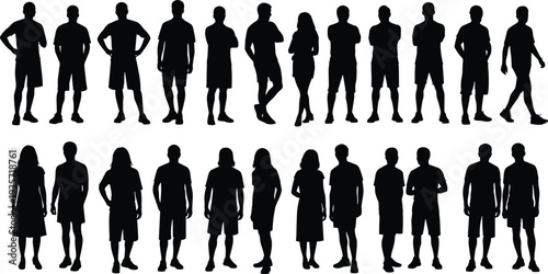 Large vector set of diverse male and female standing silhouettes in various poses and summer clothing isolated on a white background for minimalist design.