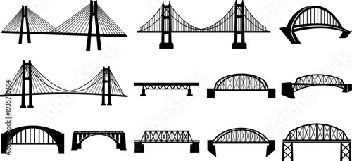Bridge silhouettes collection with suspension arch truss and cable stayed bridges, transportation infrastructure structures black silhouette vector illustration set