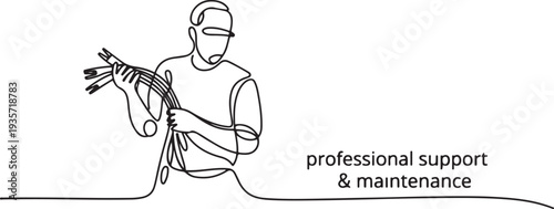 Electrician, builder with cable one line art. Continuous line drawing of repair, professional, hand, people, concept, support, maintenance with inscription.one line vector illustration