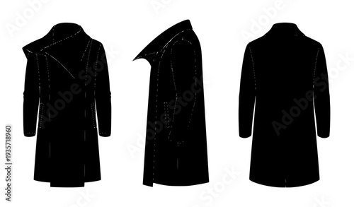 Modern Long Kurta Technical Silhouette Vector with Asymmetrical Neckline Front Side Back Views