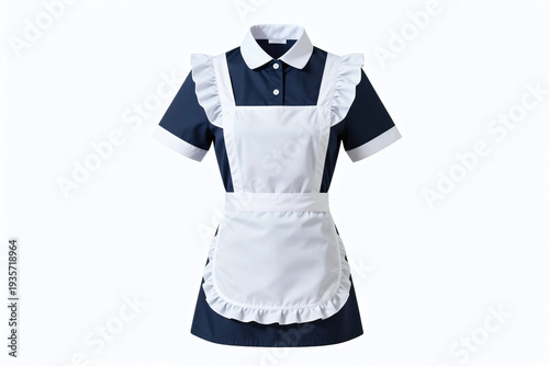 Hotel maid uniform, white apron with ruffle trims on dark blue dress, chic and feminine, isolated on white background. French style, vintage classic look, housekeeping clothing for house servants.