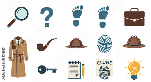 A detective's investigation tools and clues on transparent background