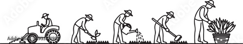 Farmer activity are preparing the soil, seeding, irrigating, weeding, and collecting the mature crops.one line vector illustration with white background