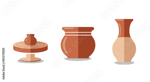 Three clay pots on a pottery wheel and table on transparent background