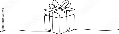 Gift box one line drawing. Continuous one line gift box.Presents with ribbon bow.Hand drawn greeting present box.Line art christmas surprise.one line vector illustration with white background