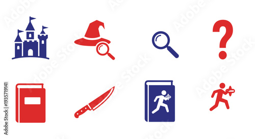 A collection of mystery and thriller icons on transparent background